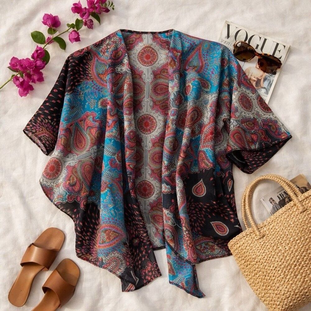 Elan Paisley Kimono Cover Up Boho Beach Resort Festival Layer One Size